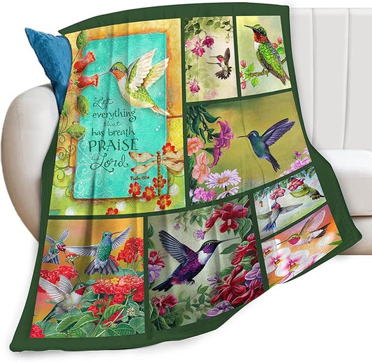 Green Hummingbirds Print Blanket Country Birds Floral Throw Blankets Gifts Couch Sofa Bed Stuff Decor Lightweight Soft Cozy Fleece Plush Flannel Bedding for Lover Men Women Boys Girls Adults 60"x80"