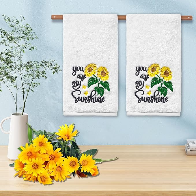 Sunflower Hand Towels - Set of 2, Embroidered 'You Are My Sunshine' Pattern, 100% Cotton Soft Towels for Kitchen & Bath, 14x30 Inches