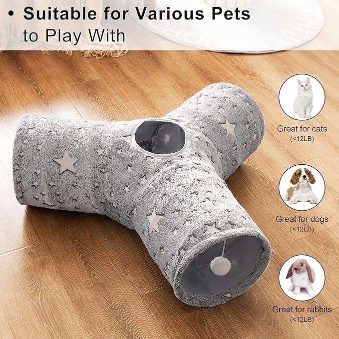 Love's cabin Cat Tunnel Tube Cat Toys 3 Way Collapsible, Self-Luminous Cat Tunnels for Indoor Cats，Kitten Tunnel Bored Cat Play Tunnel with Peek Hole Toy Ball for Cat, Kitty, Kitten, Puppy Grey