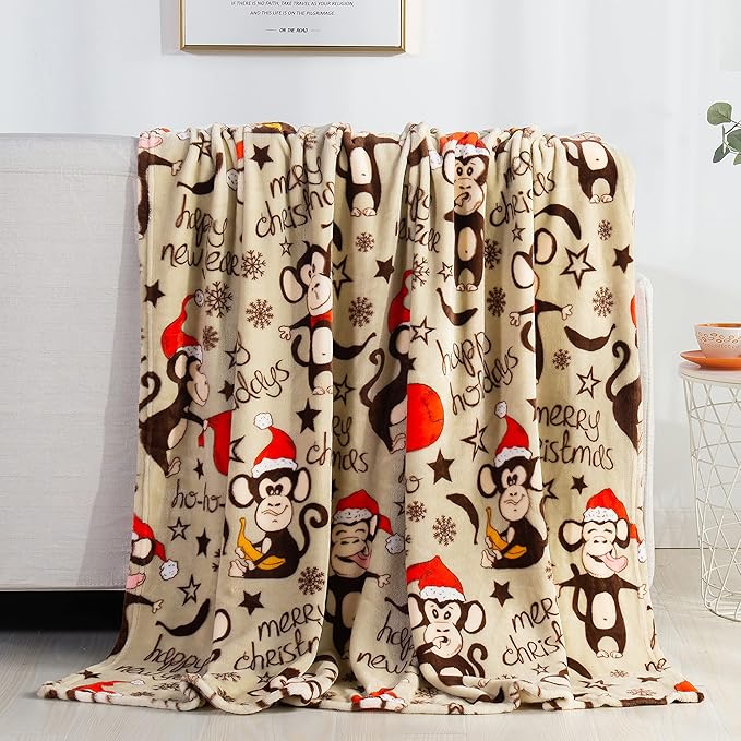 Elegant Comfort Luxury Velvet Super Soft Christmas Prints Fleece Blanket-Holiday Theme Home Décor Fuzzy Warm and Cozy Throws for Winter Bedding, Couch and Gift, 50 x 60 inch, Monkey