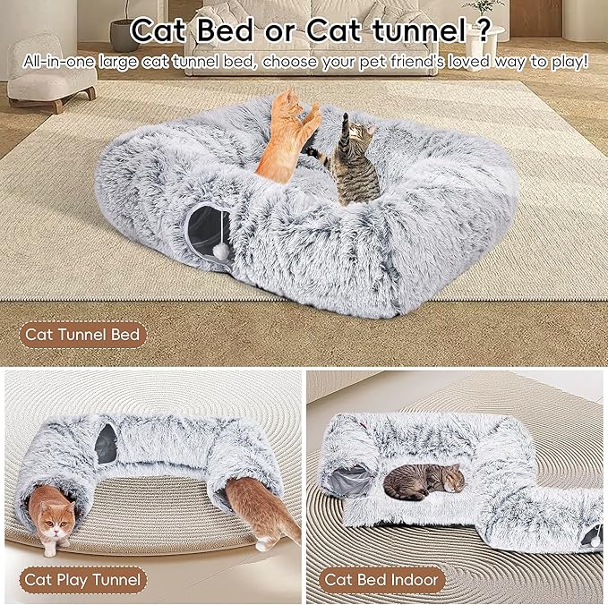 Extra Large Cat Tunnel Bed, Cat Tunnels for Indoor Cats, Plush Cat Donut Tunnel with Washable Middle Mat, 4 Exit Cat Balls, Multi-cat Household Peekaboo Cat Cave, Pet Play Toys for Kitten Puppy Rabbit