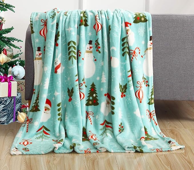 Elegant Comfort Luxury Velvet Super Soft Christmas Prints Fleece Blanket-Holiday Theme Home Décor Fuzzy Warm and Cozy Throws for Winter Bedding, Couch and Gift, 50 x 60 inch, Santa Snowman Teal