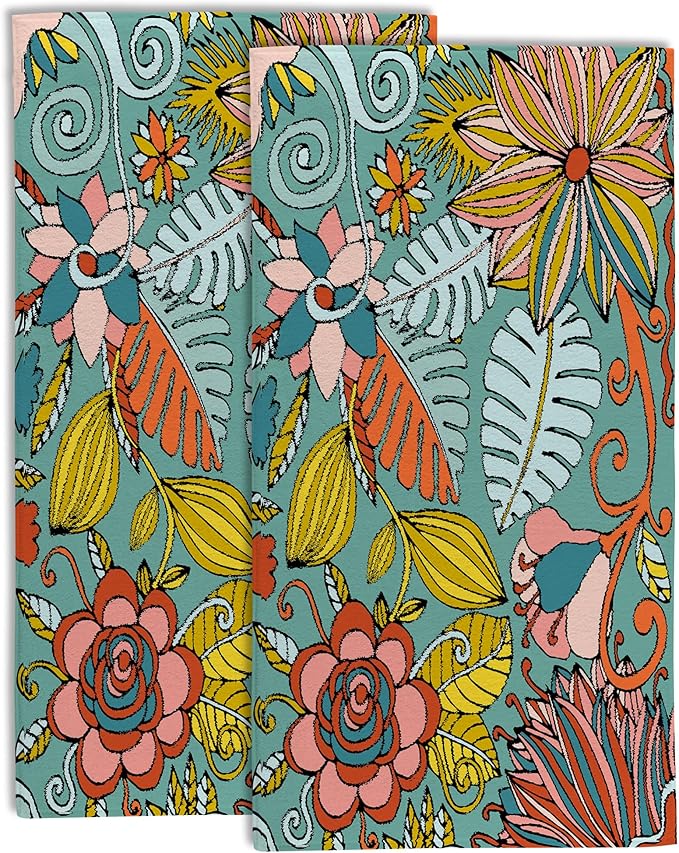 Boho Floral Tropical Leaves Bathroom Hand Towel Set of 2,Colorful Flowers Botanical Leaves Fingertip Towel Kitchen Hand Towel,Soft Absorbent Decorative Guest Towel Hand Bath Towel for Hotel Home