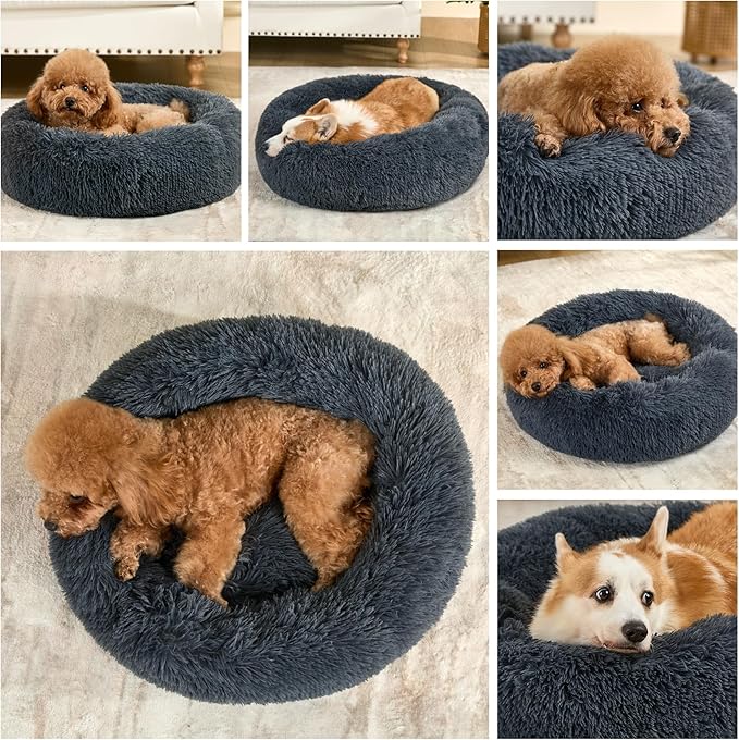 Dog Bed Calming Dog Beds for Small Medium Large Dogs - Round Donut Washable Puppy Dog Bed, Anti-Slip Faux Fur Fluffy Donut Cuddle Anxiety Cat Pet Bed(24" Dark Grey)