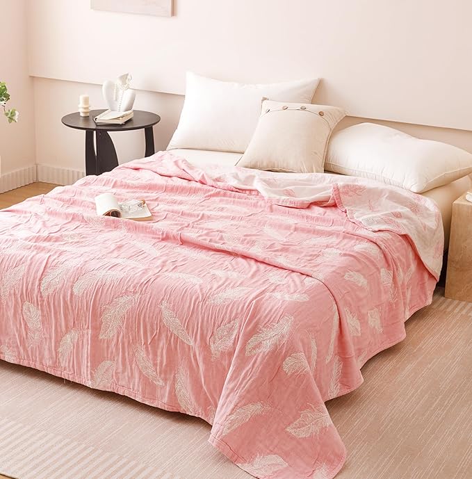 MEJU Feather Pink White Cute Modern Fashion All Season Blanket Throw Decorative for Bed Sofa Couch 100% Cotton 3 Layer Soft Warm Reversible Bedspread Throw Blanket Bed Coverlet Sheet F/Q 80 in x 90 in