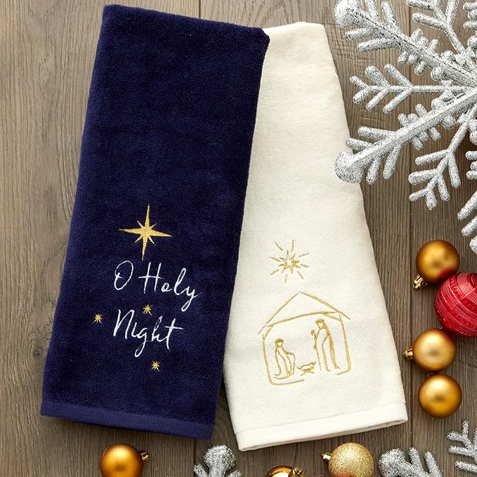 SKL Home Religious/Christmas Nativity Hand Towel 2pc Set for Bath/Kitchen & Gift, Natural
