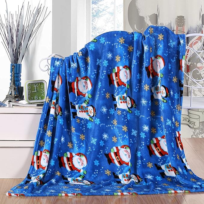 Elegant Comfort Velvet Touch Ultra Plush Christmas Holiday Printed Fleece Throw/Blanket-50 x 60inch, (Santa Snowman), 50 x 60 inch
