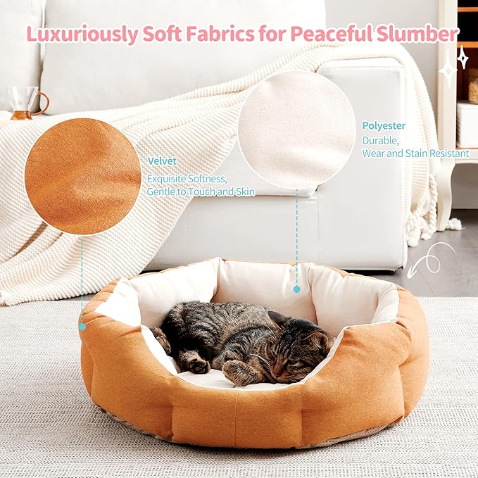 Made4Pets Cat Beds for Indoor Cats - Dog Beds for Small Dogs, Round Pet Bed for Puppy and Kitten, Washable Dog Bed with Anti-Slip Bottom, Removable Dual-Fabric Cushion for All Season, Orange