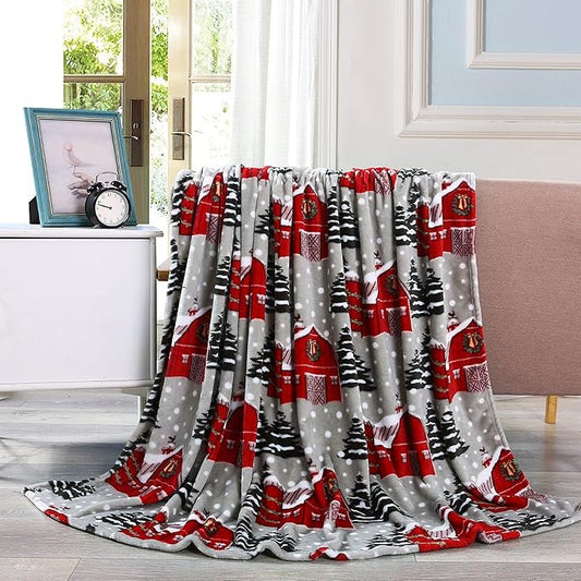 Elegant Comfort Luxury Velvet Super Soft Christmas Prints Fleece Blanket-Holiday Theme Home Décor Fuzzy Warm and Cozy Throws for Winter Bedding, Couch and Gift, 50 x 60 inch, Snowybarn