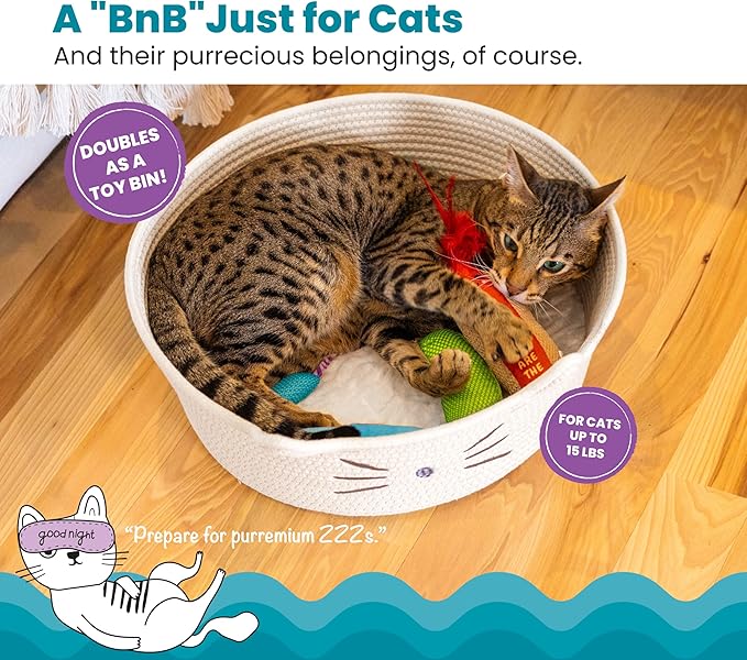 Catstages Bed & Basket Retreat 2-in-1 Cat Bed with Removable Cushion, Plush, Cotton Rope, White