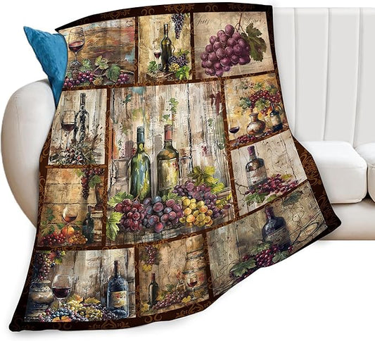 Wine Blanket Retro Wine Throw Blanket Wine Grape Stuff Merch Cozy Print Flannel Fleece Soft Plush Fuzzy Warm Lightweight Bedding Wine Gifts for Dad Women Girls Men 50"X40"