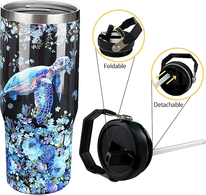 30oz Sea Turtle Gifts Tumblers for Women with Handle and Straws, Stainless Steel Vacuum Insulated Coffee Tumbler, Travel Mug Water Bottle, Sea Turtle Stuff Accessories Decor