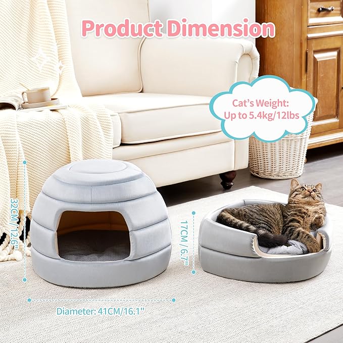 Made4Pets Cat Bed and House, 2-in-1 Foldable Cat Houses for Indoor Cats, Soft Velvet Cat Cave, Removable and Washable Cushion, Cat Condo for All-Season Comfort and Style