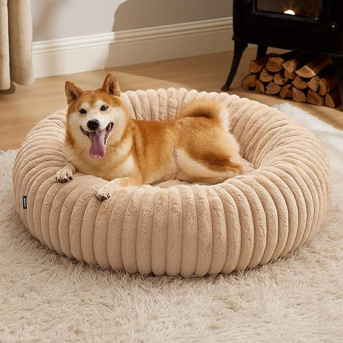 Bedsure Donut Large Dog Bed - Washable Faux Fur Dog Beds Large Sized Dog with Corduroy Fleece & Anti Slip Bottom, Round Pet Beds with Removable Cover, Sandy Tan, 36x36x10 inches