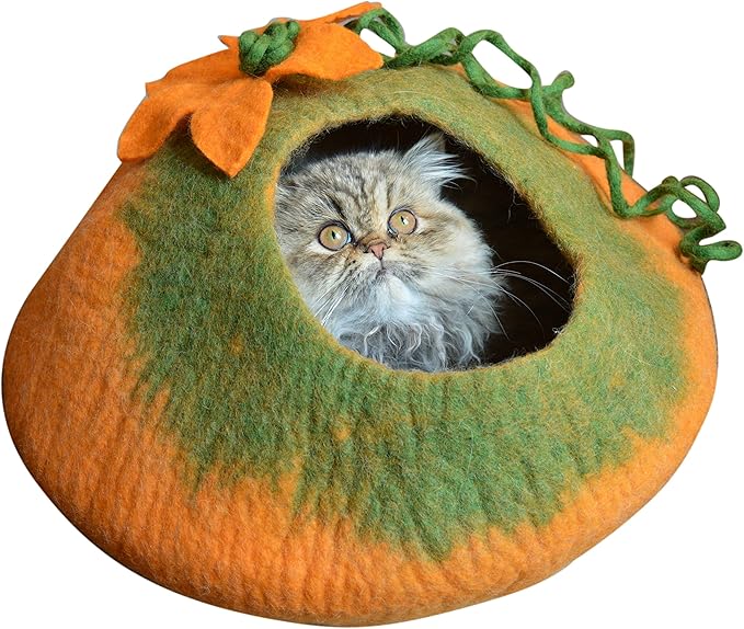 Cat Cave Bed, Orange Green Handmade Felted Merino Wool, Large Covered and Cozy, Also Perfect for Kittens, Includes Bonus Catnip, Original Cat Caves, (Radiant Realm)