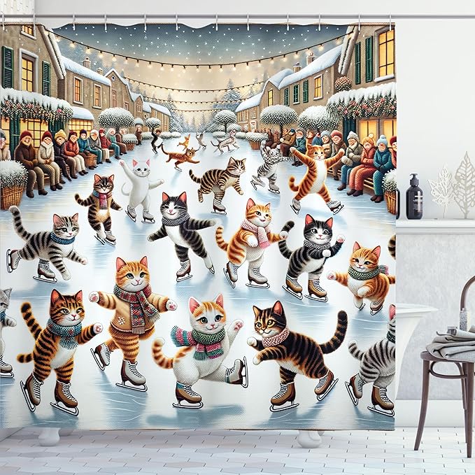 Ambesonne Cat Shower Curtain, Funny and Cheery Kitties Ice Skating Winter Happiness Funny Cartoon Xmas, Cloth Fabric Bathroom Decor Set with Hooks, 69" W x 70" L, Orange Brown Pale Blue