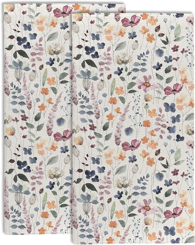 Watercolor Flowers Bathroom Hand Towel Set of 2,Vintage Botanical Floral Leaves Fingertip Kitchen Hand Towel,Soft Absorbent Decorative for Hotel Gym Yoga Home Decor