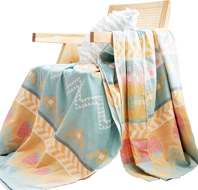 MEJU Boho Bunny Rabbit Green Muslin Lightweight Summer Strawberry Blanket Throw for Bed Sofa Couch 100& Cotton 2 Layer Soft Warm Quick Dry Throw Blanket Bedspread Bed Coverlet Sheet Twin 60 in X 80 in