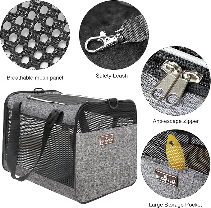 HiCaptain Cat Carrier Bag, Lightweight Soft Cat Carrier with Top Mesh Window, Breathable Pet Carrier for Medium Cats and Small Dogs Puppies up to 15 lb - Grey