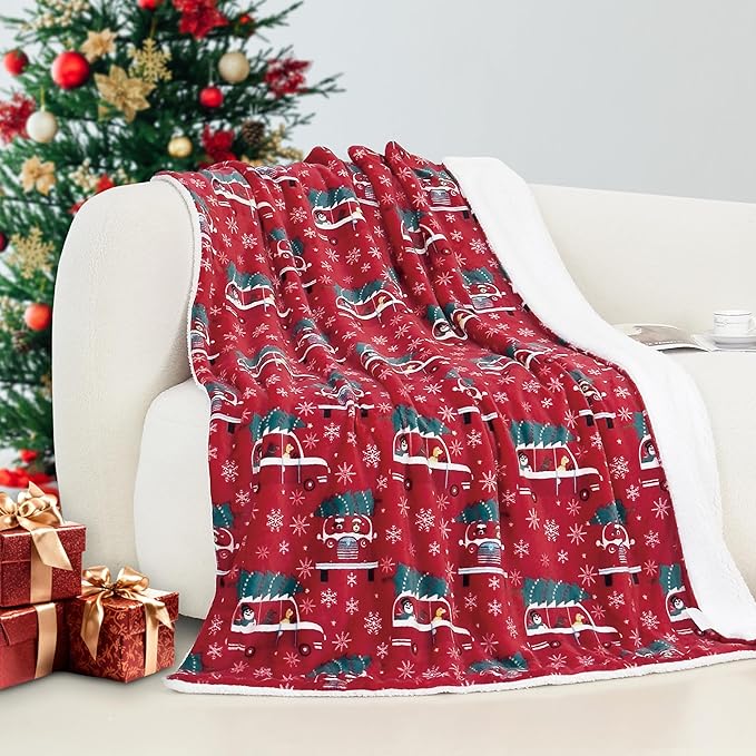 Elegant Comfort Reversible and Ultra-Plush Flannel Fleece-Winter Christmas Sherpa Throw- Lightweight Soft and Cozy-Holiday Decorative Throw, Perfect for Lounging, 50 x 60 inches, Christmas Tree Car