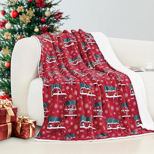 Elegant Comfort Reversible and Ultra-Plush Flannel Fleece-Winter Christmas Sherpa Throw- Lightweight Soft and Cozy-Holiday Decorative Throw, Perfect for Lounging, 50 x 60 inches, Christmas Tree Car