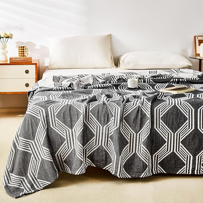 MEJU Black Modern Checks Fashion Stripe All Season Blanket Decorative for Bed Sofa Couch 100% Cotton 3 Layer Soft Warm Reversible Bedspread Throw Blanket Bed Coverlet Sheet Black F/Q 80 in x 90 in