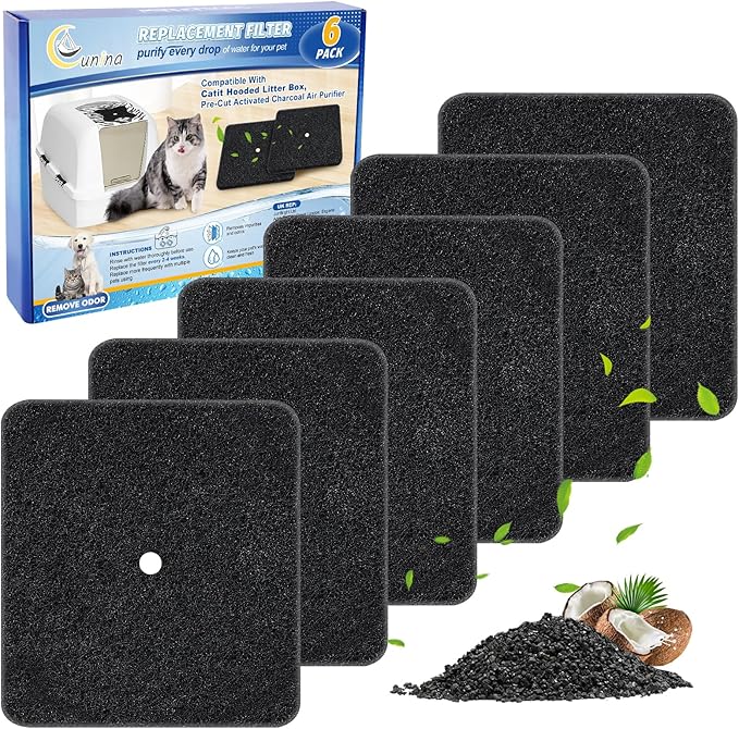 6 Pack Cat Litter Box Replacement Carbon Filters Compatible with Catit Hooded Litter Box, Pre-Cut Activated Charcoal Air Purifier for Cat Litter Pan