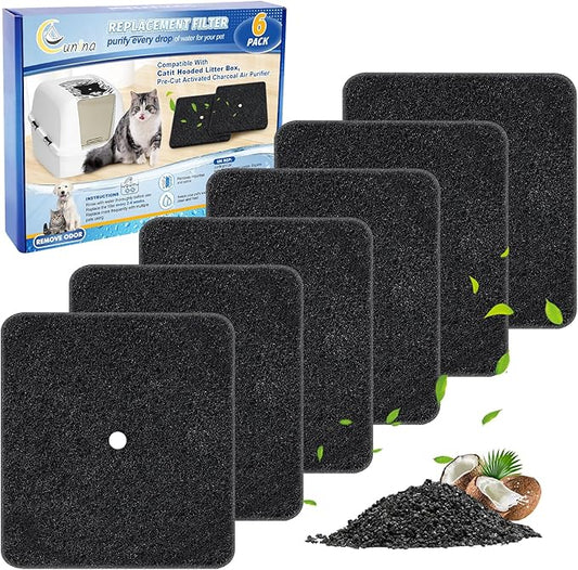 6 Pack Cat Litter Box Replacement Carbon Filters Compatible with Catit Hooded Litter Box, Pre-Cut Activated Charcoal Air Purifier for Cat Litter Pan