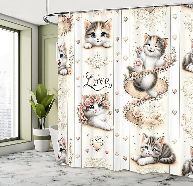 Ambesonne Cat Shower Curtain, Vintage Themed Pattern with Smiling Blue Eyed Kittens Love Hearts Nostalgia, Cloth Fabric Bathroom Decor Set with Hooks, 69" W x 84" L, Ivory Pale Brown Grey
