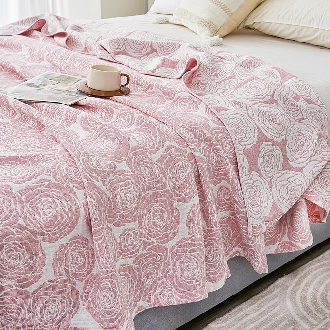 MEJU Modern Big Flower Rose Pink Muslin All Season Blanket for Bed Sofa Couch 100% Combed Cotton 3 Layer Soft Warm Bedspread Throw Blanket Bed Coverlet Sheet F/Q 80 in x 90 in