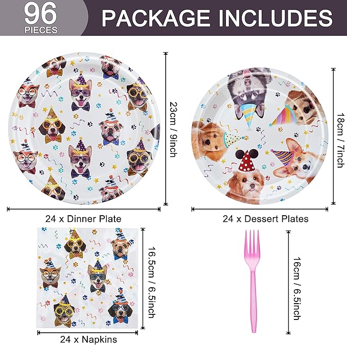 96 Pcs Dog Birthday Party Plates Napkins Forks Supplies Tableware Set Disposable Paper Dog Theme Decoration for Kids Birthday Party, Serves 24 Guests