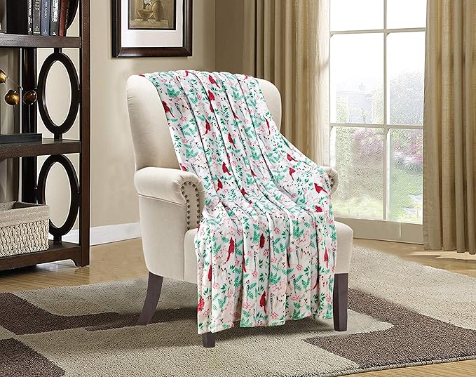 Elegant Comfort Velvet Touch Ultra Plush Christmas Holiday Printed Fleece Throw/Blanket-50 x 60inch, (Cardinal)