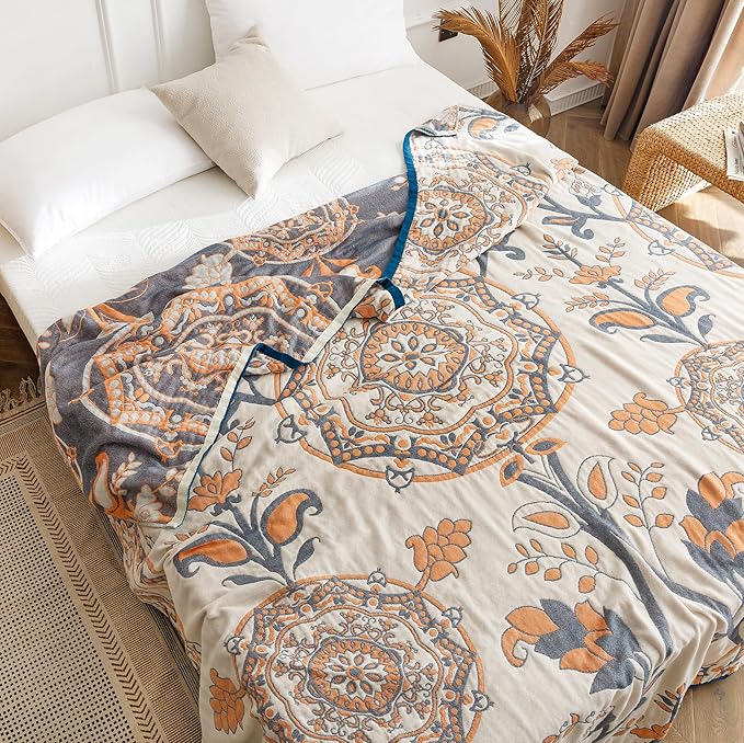 MEJU Round Flower Branch Boho Mandala Muslin All Season Throw Blanket for Bed Sofa Couch, 100% Combed Cotton 4 Layer Soft Warm Farmhouse Retro Throw Blanket Bed Coverlet Twin 60 in x 80 in