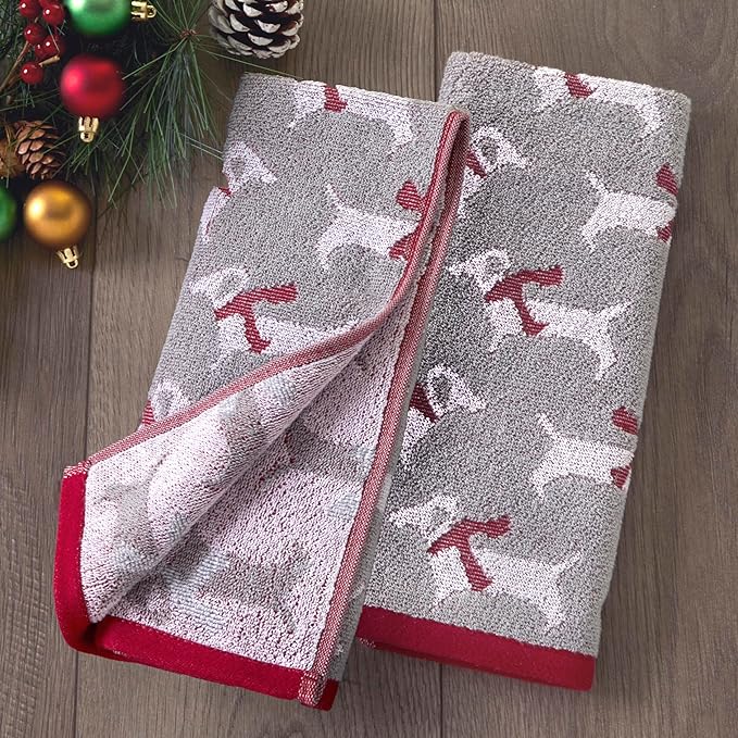 SKL Home Christmas/Winter Red Scarf Dachshunds Hand Towel 2pc Set for Bath/Kitchen/Bar & Gift, Gray