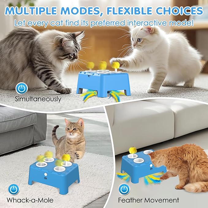Cat Toys, 2 in1 Automatic Interactive Cat Toys for Indoor Cats, 4 Holes Mice Whack a Mole Cat Mouse Toy with Moving Feather, Rechargeable USB Power Kitten Feather Toys for All Breeds (Blue)