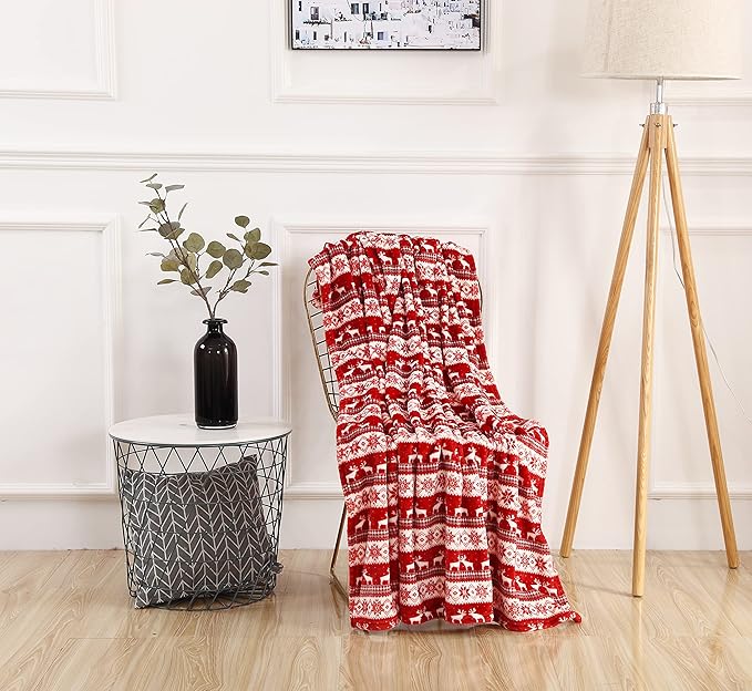 Elegant Comfort Velvet Touch Ultra Plush Christmas Holiday Printed Fleece Throw/Blanket-50 x 60inch, (Double Deer)