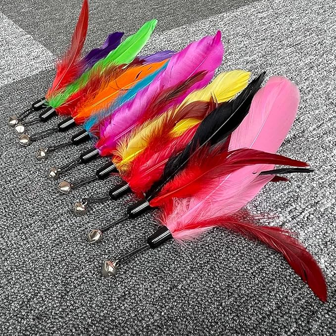 Cat Toys Kitten Toys, Interactive Cat Toy 1pcs Cat Wand Toy & 9pcs Natural Cat Feather Teaser Toys Refills, Cat Fishing Pole Toy for Indoor Cats Gifts, Kitty Toys for Indoor (9Pcs A)