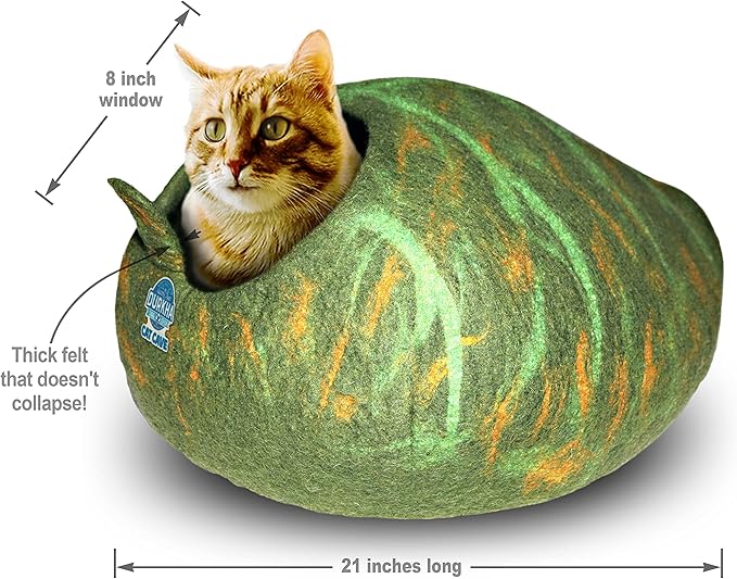 Felt Cat Cave Bed, Handmade Covered Cat Bed Cave, Wooly Cave for Cats, Dome Shaped Cat Pod, Cat Beds & Furniture, Felt Cat Beds for Indoor Cats (Dark and Light Green Pattern)