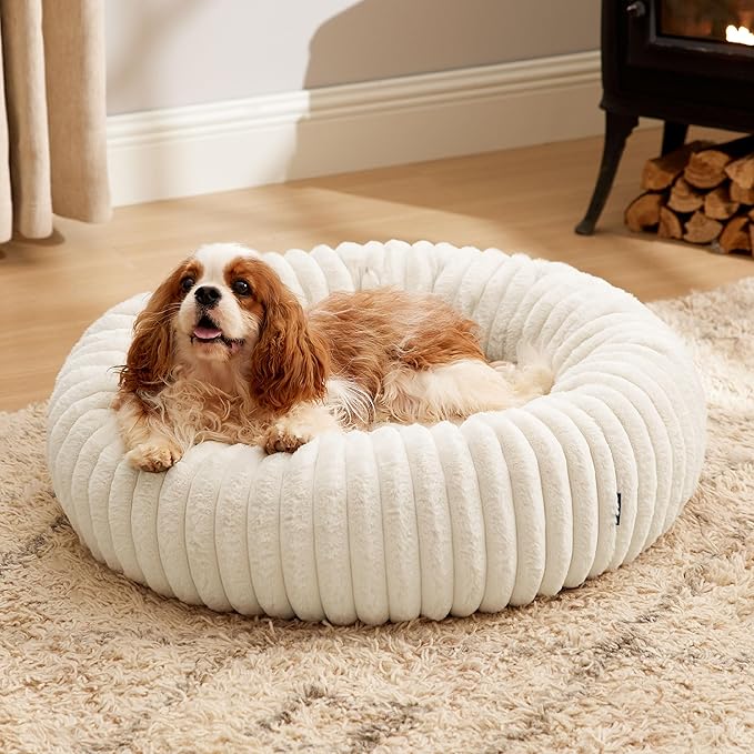 Bedsure Donut Medium Dog Bed - Washable Faux Fur Dog Bed Medium Size Dog with Corduroy Fleece & Anti Slip Bottom, Round Pet Beds with Removable Cover, Cream, 30x30x8 inches