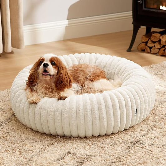 Bedsure Donut Medium Dog Bed - Washable Faux Fur Dog Bed Medium Size Dog with Corduroy Fleece & Anti Slip Bottom, Round Pet Beds with Removable Cover, Cream, 30x30x8 inches