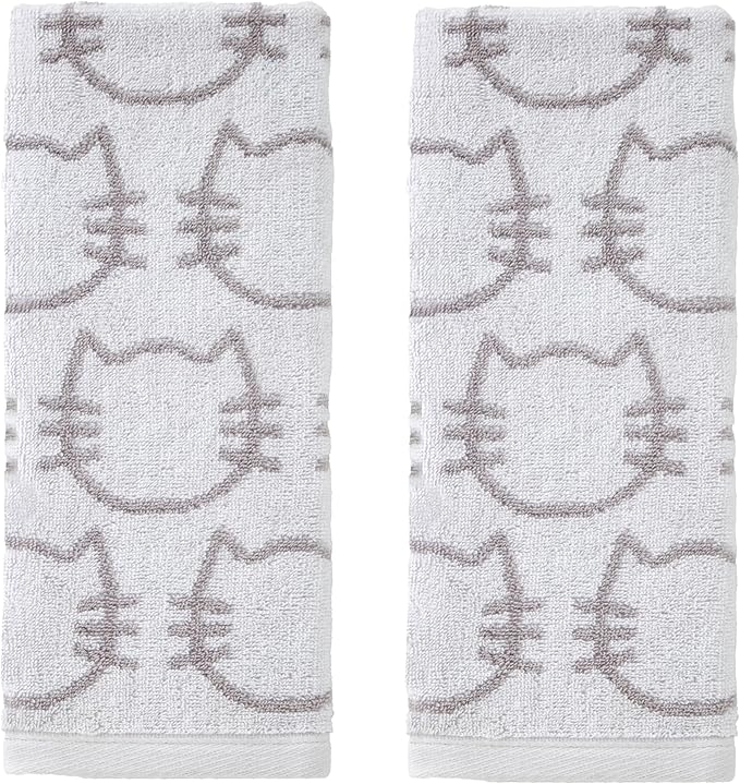 SKL Home Cat Hand Towel 2pc Set for Bath/Kitchen/Bar & Gift, White/Gray