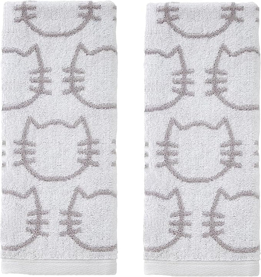 SKL Home Cat Hand Towel 2pc Set for Bath/Kitchen/Bar & Gift, White/Gray