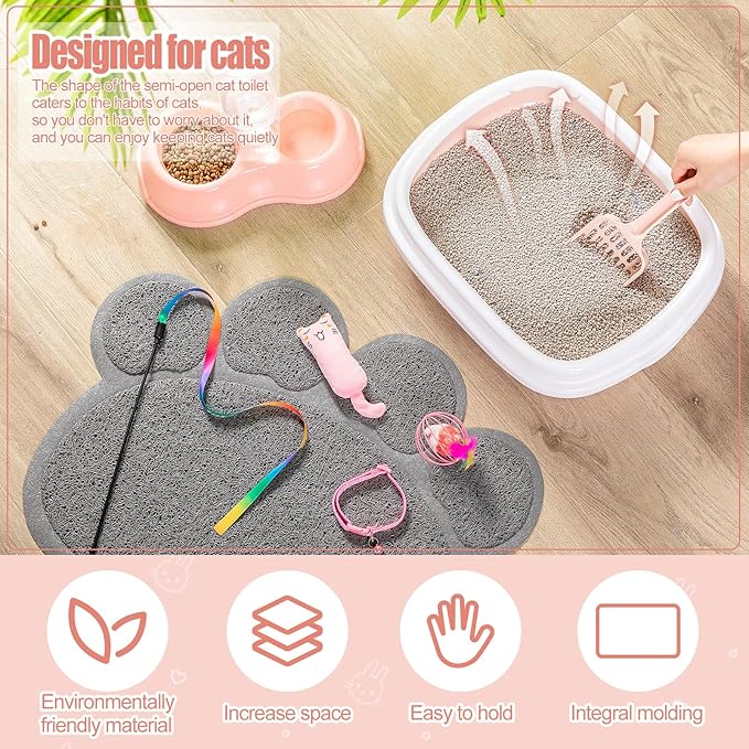 7 Pcs Small Cat Kitten Starter Kit Cat Litter Box with Shovel Cat Paw Litter Mat Double Automatic Cat Bowls Cat Toy Teaser Stick Cat Collar Essentials Kits for 1-3 Lbs Beginner (Light Pink,Stylish)