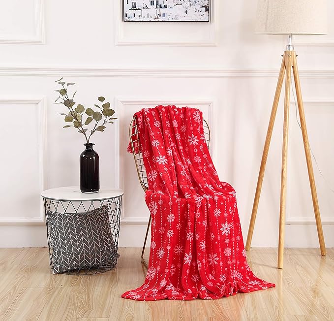 Elegant Comfort Velvet Touch Ultra Plush Christmas Holiday Printed Fleece Throw/Blanket-50 x 60inch, (Red Snowflake)