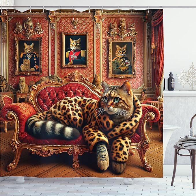 Ambesonne Cat Shower Curtain, Royal Kitty in Leopard Coat Laying on Lounge Sofa Whimsical Humorous Animal Art, Cloth Fabric Bathroom Decor Set with Hooks, 69" W x 84" L, Marigold Salmon