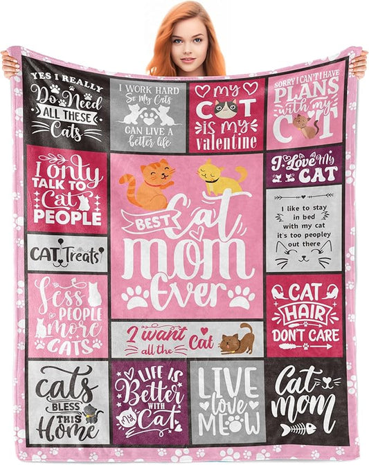 Cat Mom Blanket 60"x50", Cat Lover/Lady Gifts for Women, Cat Mom Gifts for Women, Cats Gifts for Cat Lovers, Best Cats Mom Ever Gift, Soft Throw Blanket for Christmas, Mothers Day