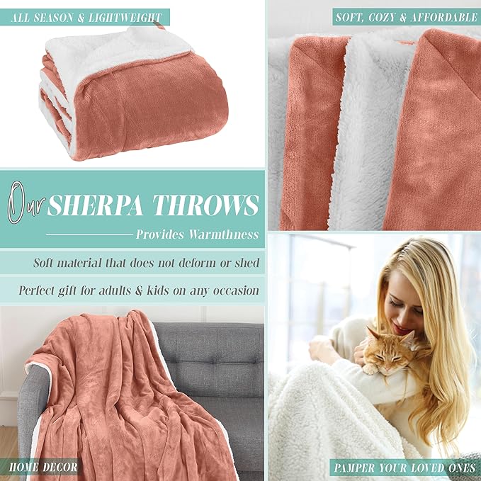 Elegant Comfort Reversible and Ultra-Plush Flannel Fleece Sherpa Throw- Lightweight Soft and Cozy- All Season Decorative Throw, Perfect for Lounging, 50 x 60 inches, Coral