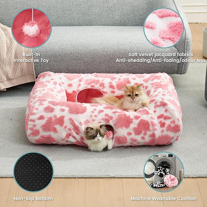 Cat Tunnel Bed for Indoor Cats - Cute Cat Donut Tunnel with Washable Circle Cushion, Round Pet Play Tunnel Toy for Kitten/Puppy/Rabbit,Pink