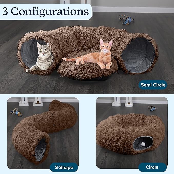 Cat Tunnel with Cat Bed for Indoor Cats - 3FT Multifunctional Cat Tunnel Bed with Cat Toys - Soft, Plush Peekaboo Cat Cave for Kittens, Cats, Ferrets, and Rabbits - Cat Products by PETMAKER (Brown)