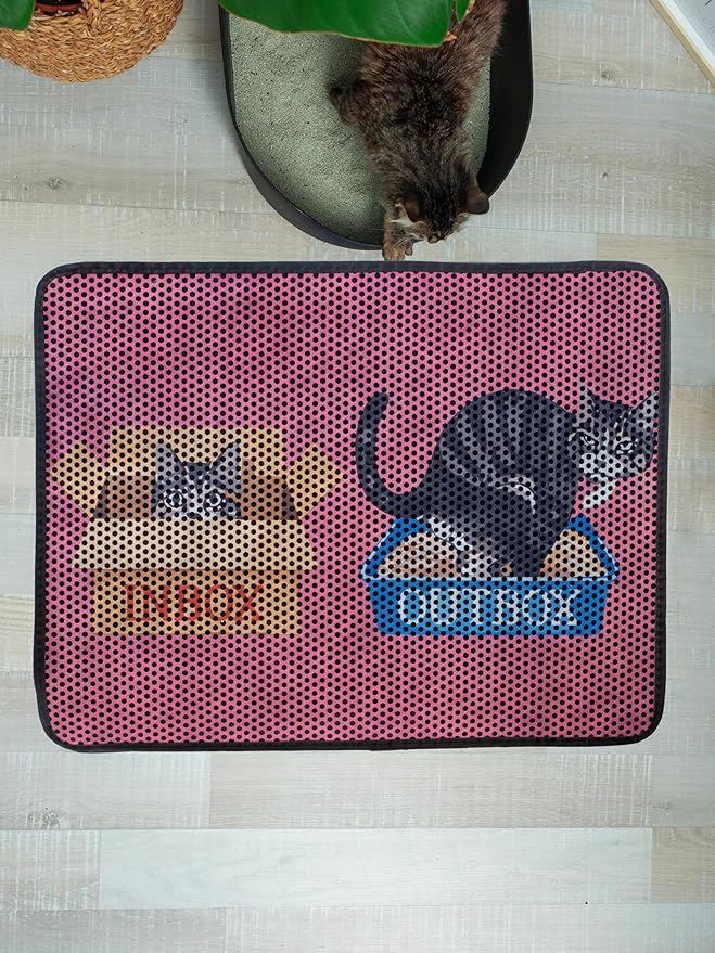 Bastet Pet Cat Litter Mat 30"x24", Double Layer XL Litter Box Mat, Cat Litter Mat Litter Trapping Mat, Water & Urine Proof Cat Mats for Litter Large, Anti Slip Cat Box Mat, Kitty Design Cat Mat, Pink